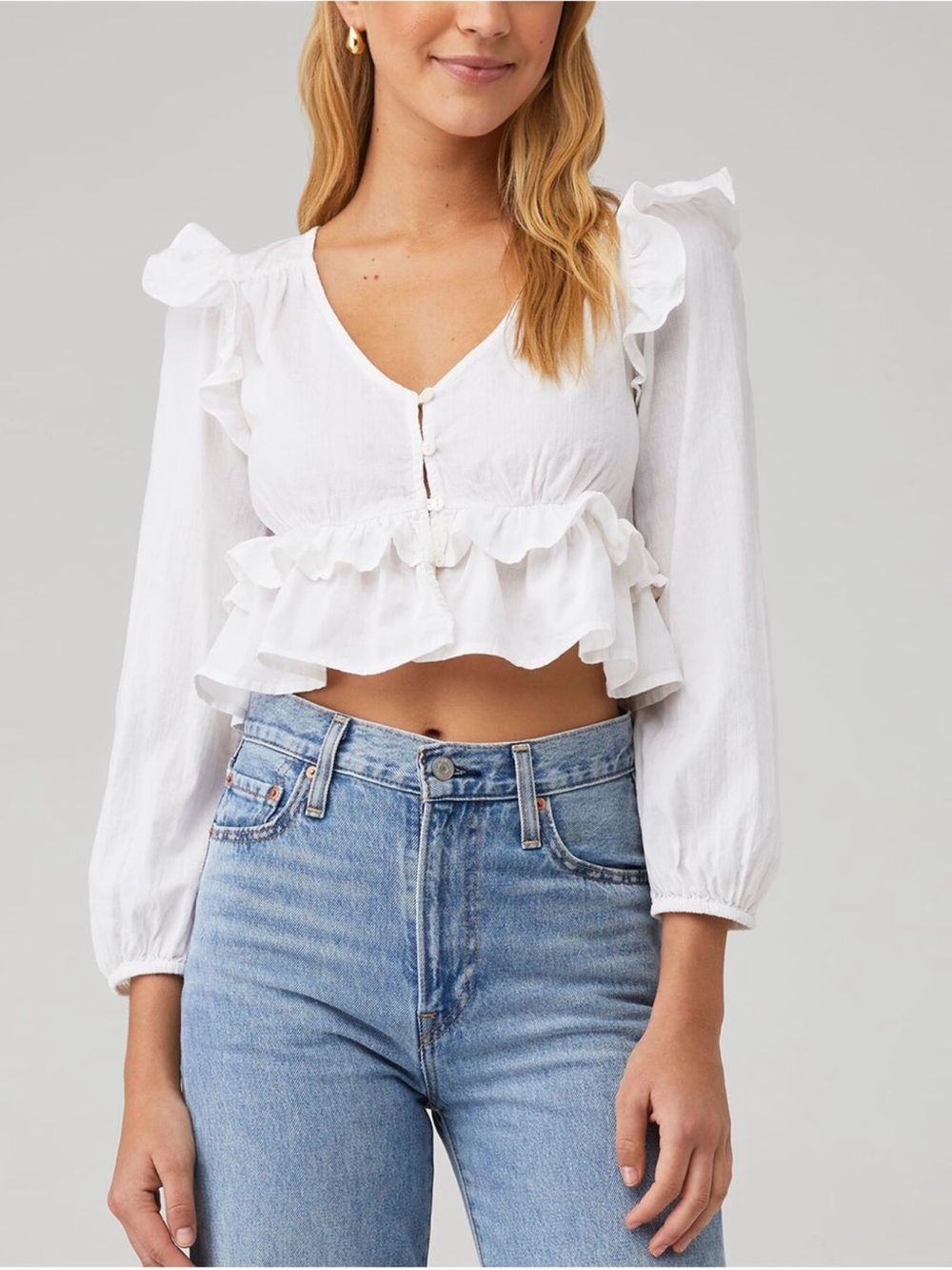 Cleobella Mandie Ivory Ruffle Cropped V-Neck Blouse
